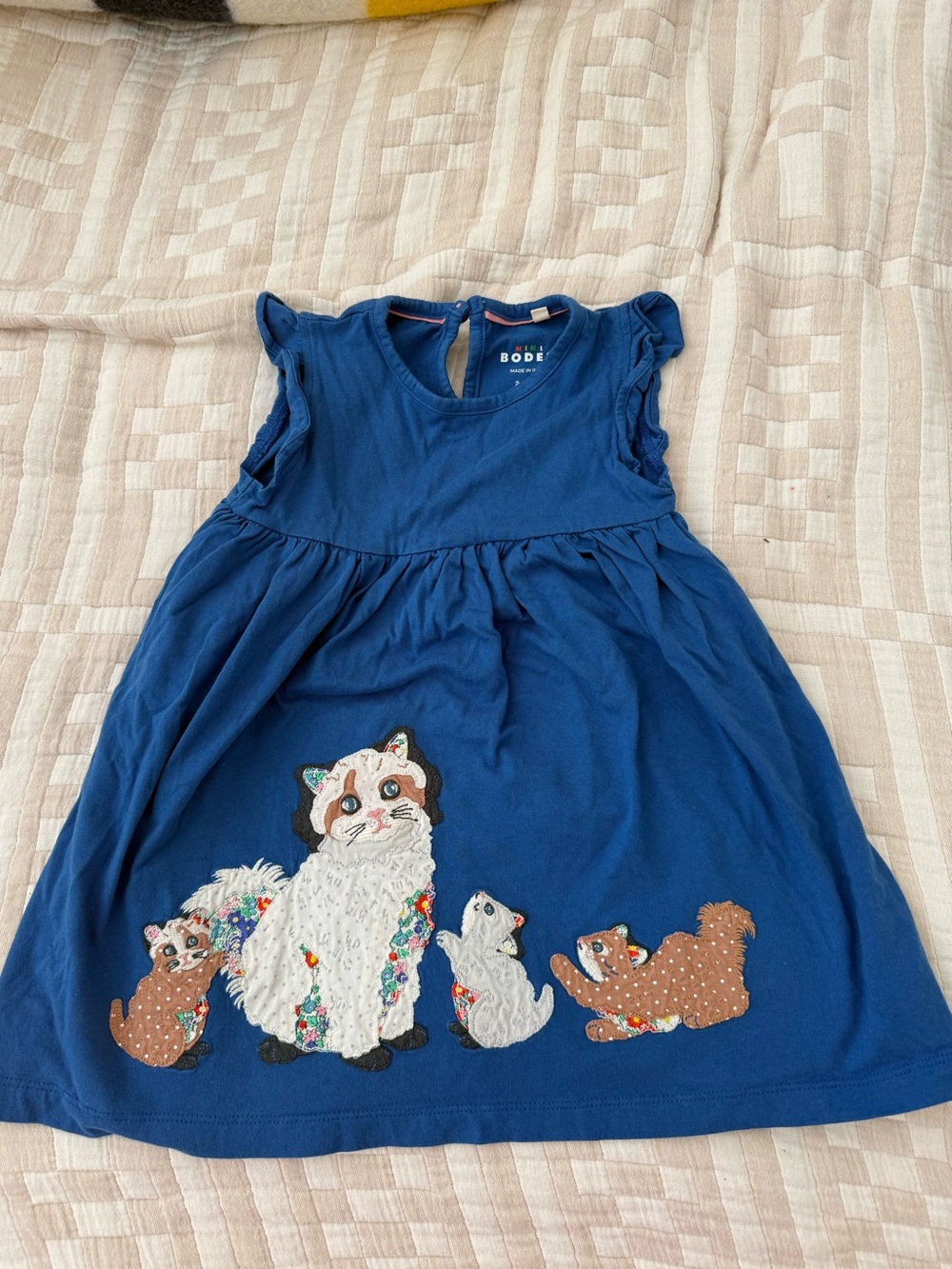 Mini Boden Curious Cat Appliqué Dress Blue 2/3 T